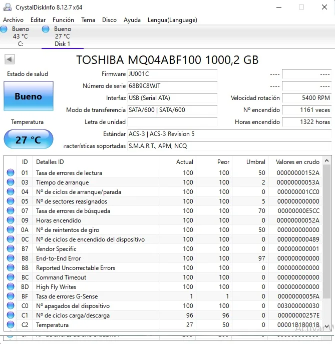Lote 2 HDD 2.5 SATA 1TB Thin. Salud Bueno. Para portátil consola - Imagen 2