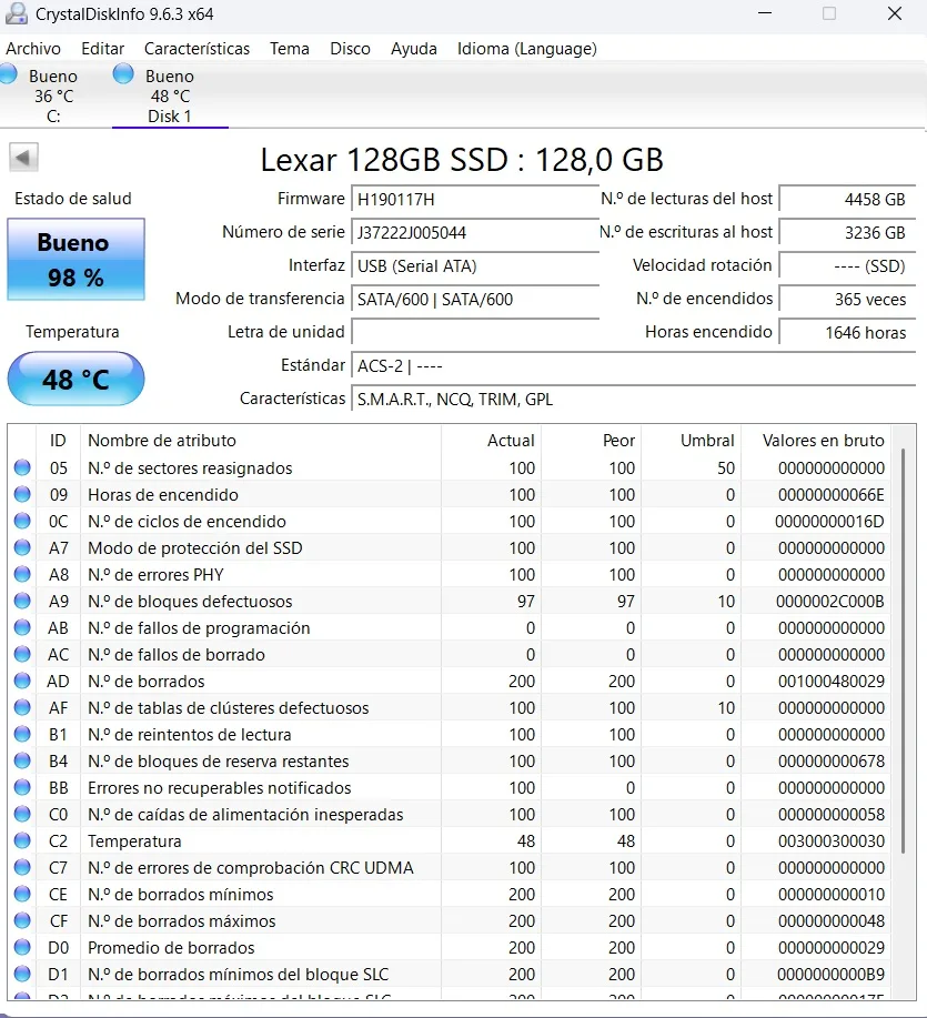 SSD 2.5 SATA Lexar 128GB. Salud 98%, 3.236GB escritos SKU UV-276078 - Imagen 2