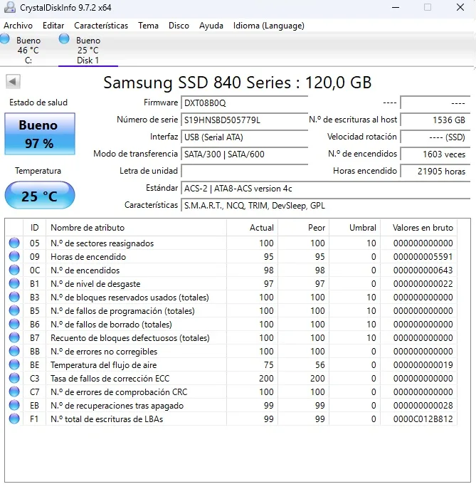 LOTE de 2 SSD 2.5 SATA Samsung 840 120GB. Salud 97% - Imagen 2