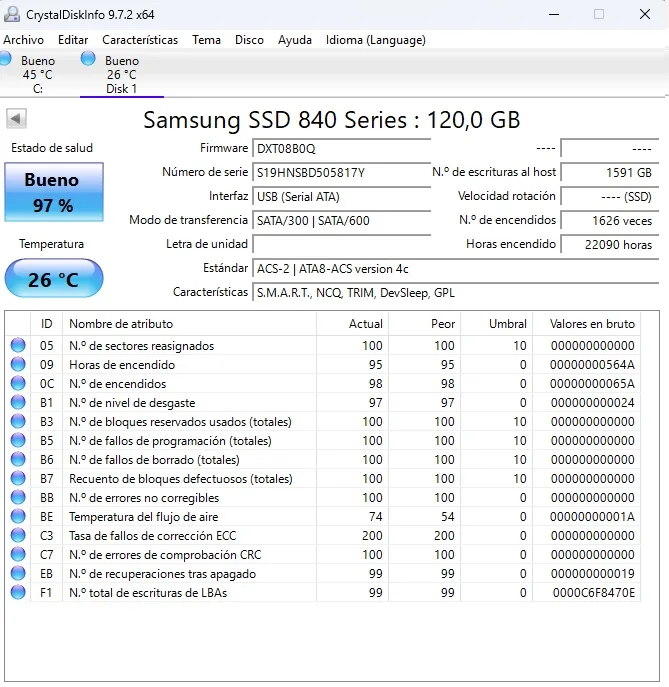 LOTE de 2 SSD 2.5 SATA Samsung 840 120GB. Salud 97% - Imagen 3
