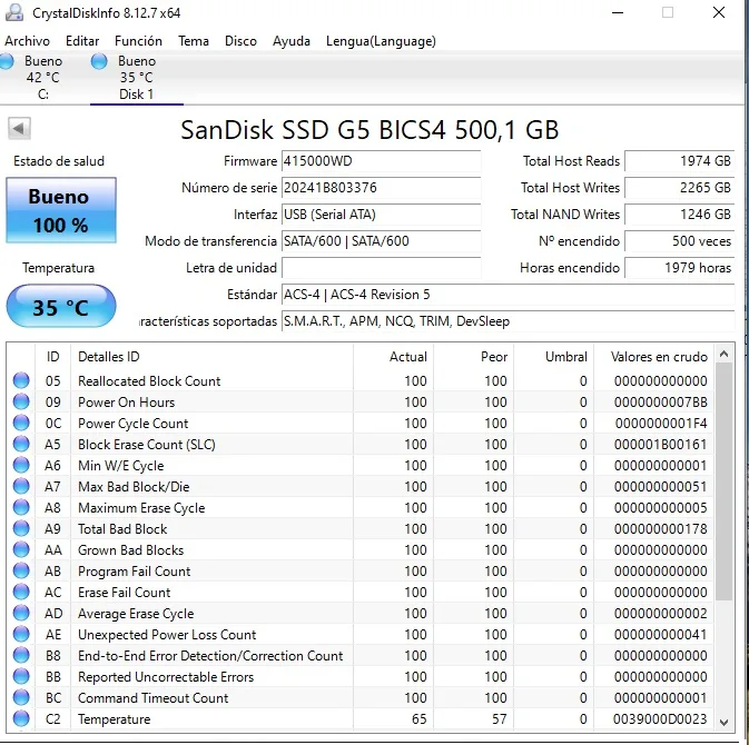 SSD 2.5 SATA SanDisk G5 BICS4 500GB. Salud 100%, 2.265GB Escritos. SKU UV-276060 - Imagen 2