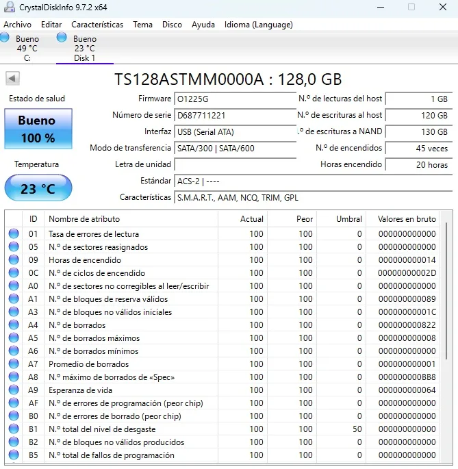 SSD 2.5 SATA Transcend TS128ASTMM0000A 128GB. Salud 100%, 120GB escritos. SKU UV-276057 - Imagen 2