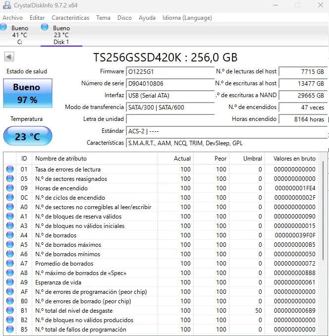 SSD 2.5 SATA Transcend TS256GSSD420K 256GB. Salud 97%, 13.477GB escritos. SKU UV-276088 - Imagen 2