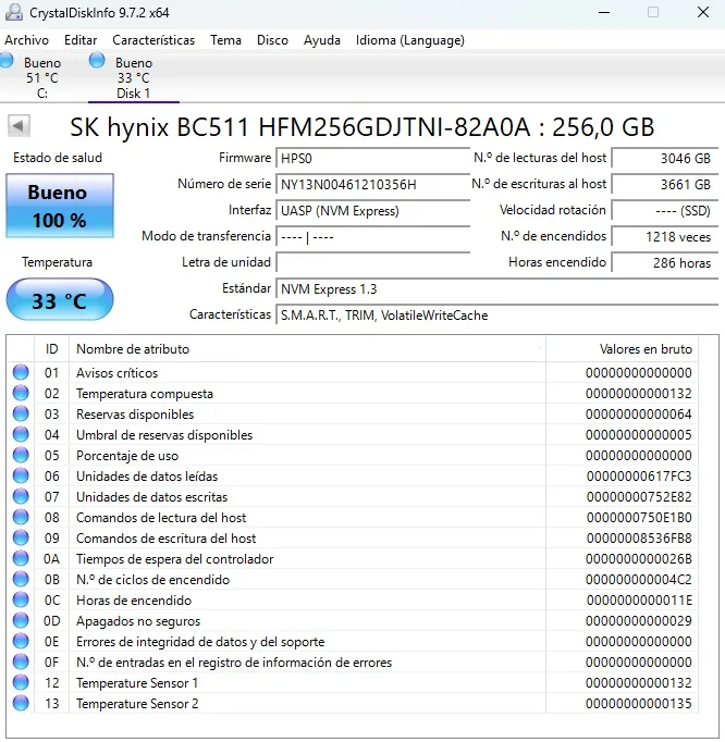 SSD NVMe 2280 256GB. SK hynix BC511. Salud 100% - Imagen 2