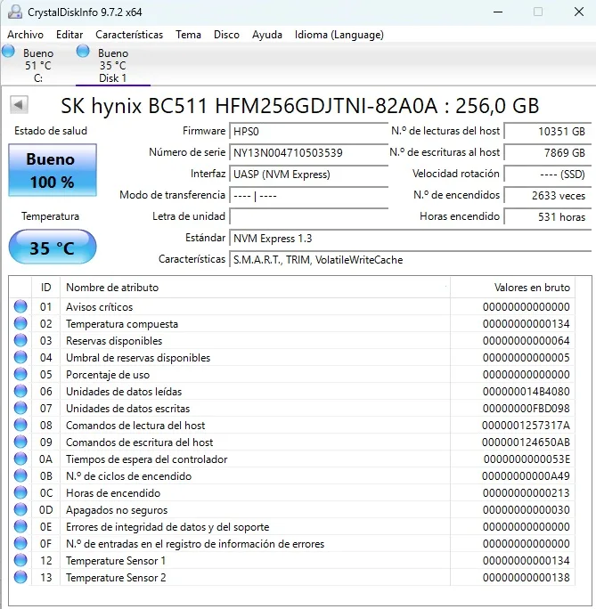 SSD NVMe 2280 256GB. SK hynix BC511. Salud 100% - Imagen 2