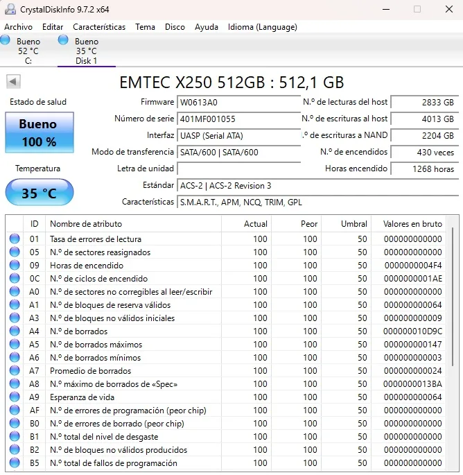 SSD M.2 SATA 2280 512GB. EMTEC X250. Salud 100% - Imagen 2