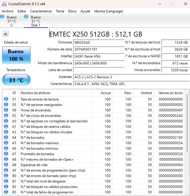 SSD M.2 SATA 2280 512GB. EMTEC X250. Salud 100% - Imagen 2