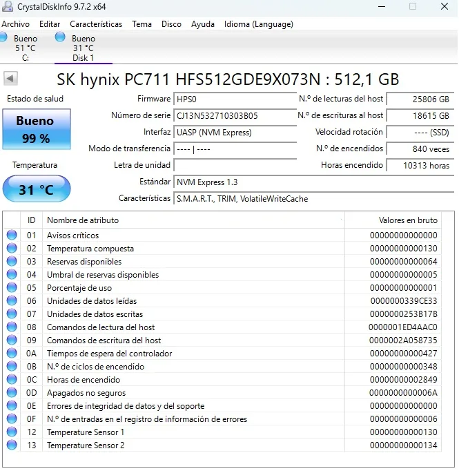 SSD NVMe 2280 512GB. SK hynix PC711. Salud 99% - Imagen 2
