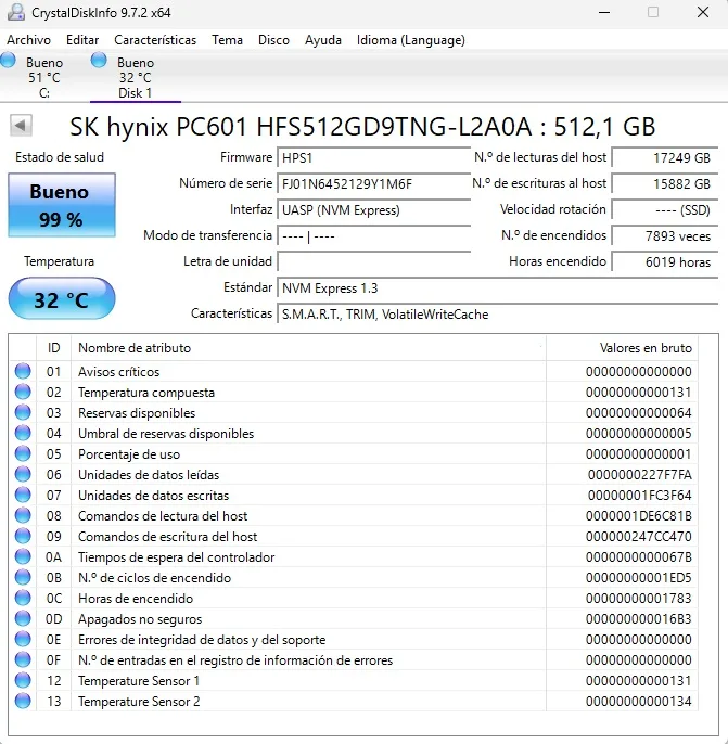 SSD NVMe 2280 512GB. SK hynix PC601. Salud 99% - Imagen 2