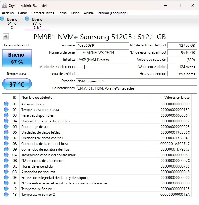 SSD NVMe 2230 512GB. SAMSUNG PM9B1. Salud 97% - Imagen 2