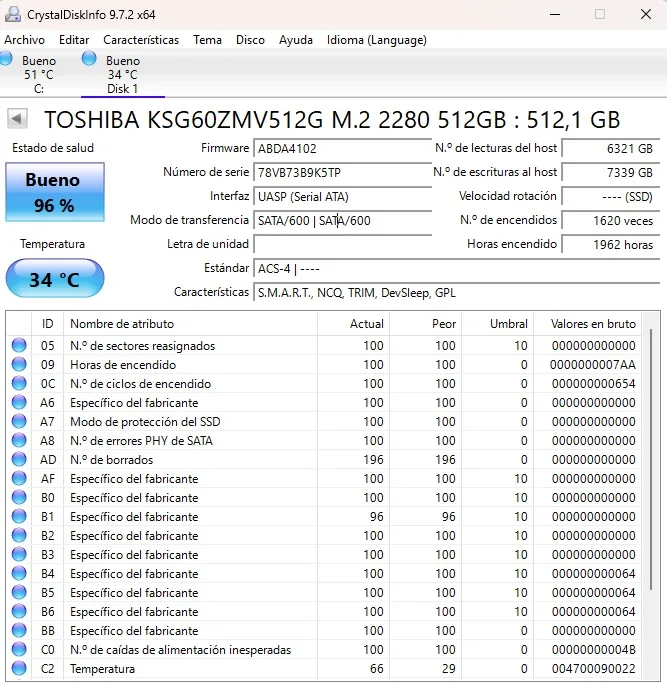 SSD M.2 SATA 2280 512GB. TOSHIBA KSG60ZMV512G. Salud 96% - Imagen 2