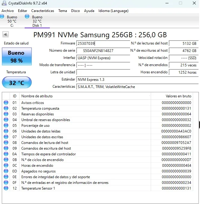 SSD M.2 NVMe 2230 256GB. Samsung PM991. Salud 98% - Imagen 2