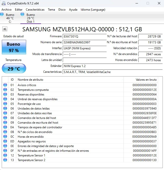 SSD M.2 NVMe 2280 512GB. SAMSUNG MZVLB512HAJQ. Salud 97% - Imagen 2