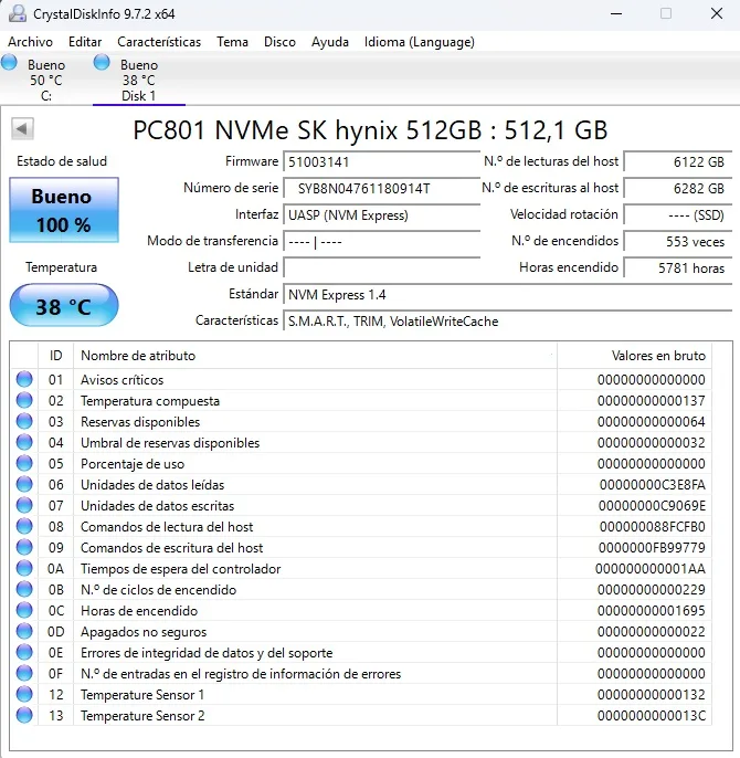 SSD M.2 NVMe 2280 512GB. SK hynix PC801. Salud 100% - Imagen 2